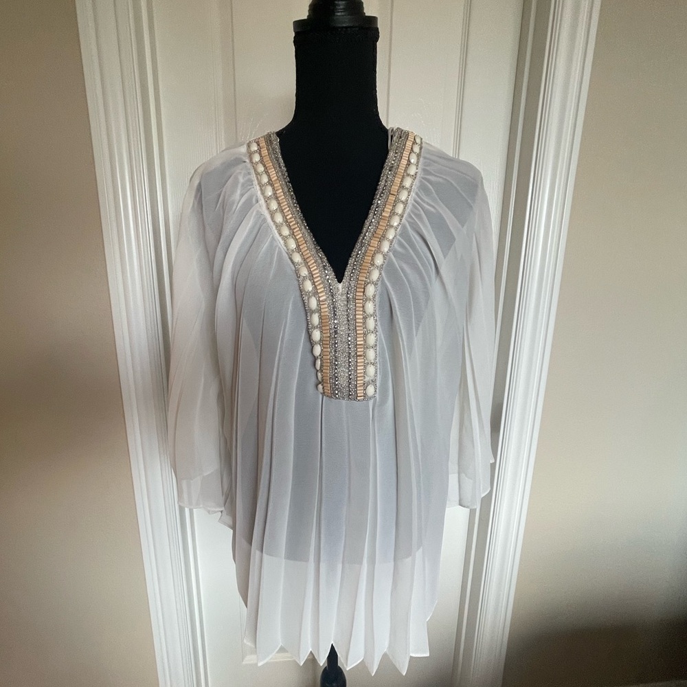 Willow and Clay Sheer Embellished White Top, NWT.